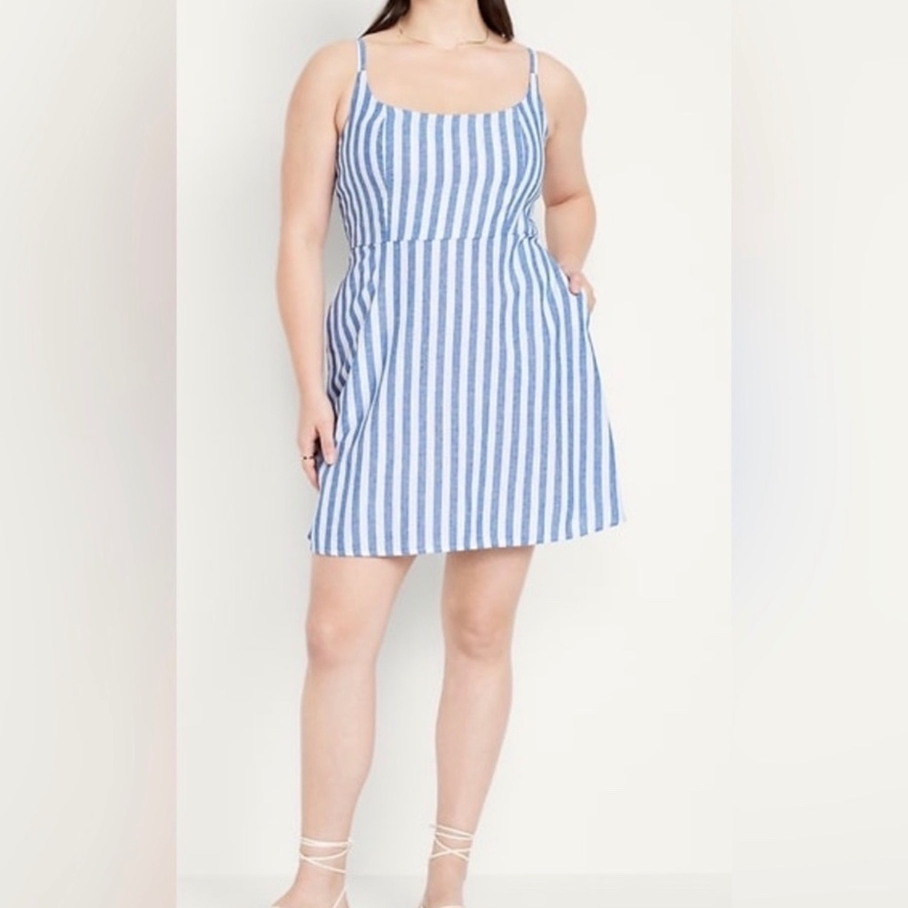 Old Navy Fit & Flare Cami Linen Blend Pockets Striped Coastal Mini Dress Size XL